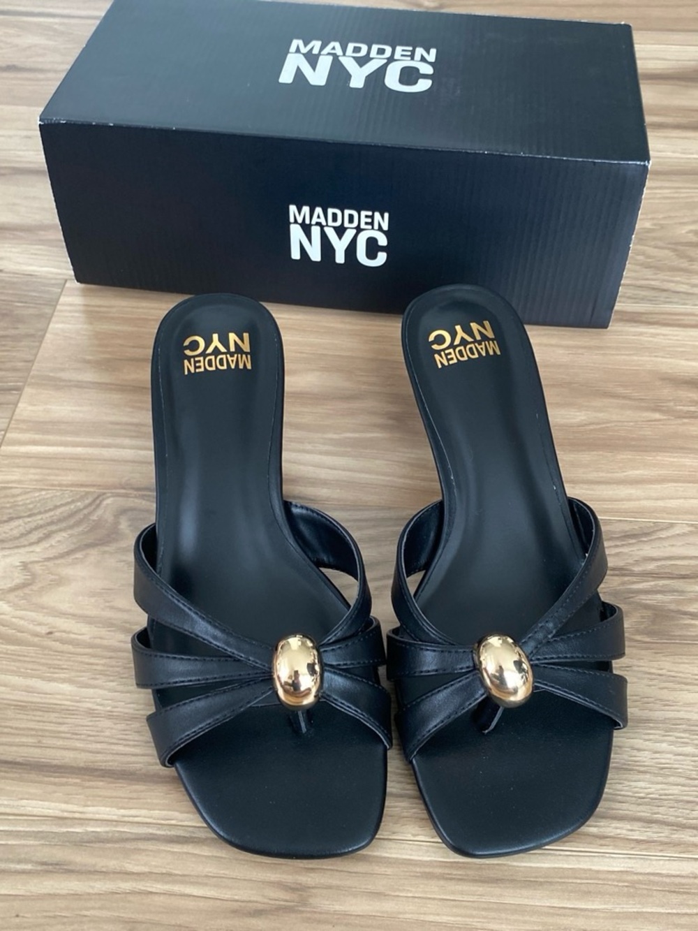 Madden NYC Black Sandal Slides with Gold Accent